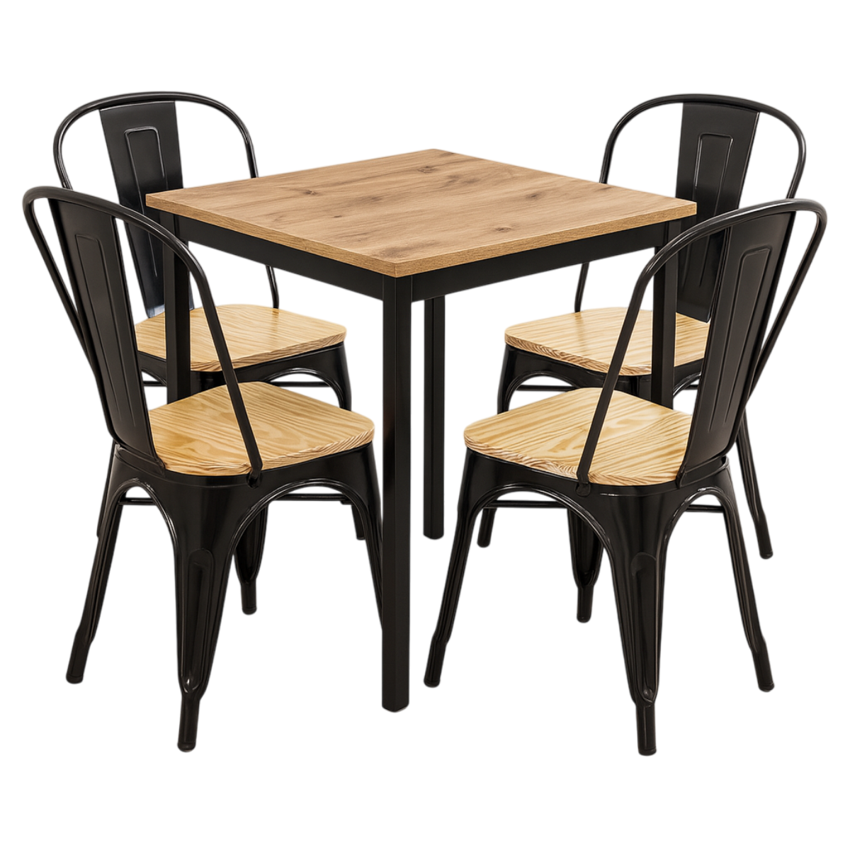 Combo Restaurante Mesa 60x60 y 4 Sillas Tolix Madera Negras