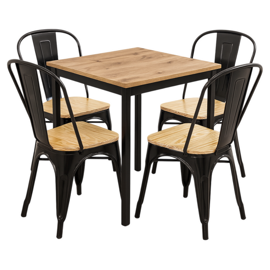 Combo Restaurante Mesa 60x60 y 4 Sillas Tolix Madera Negras
