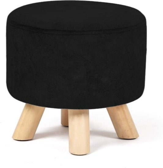 Puff Redondo De Terciopelo Con Patas De Madera Negro