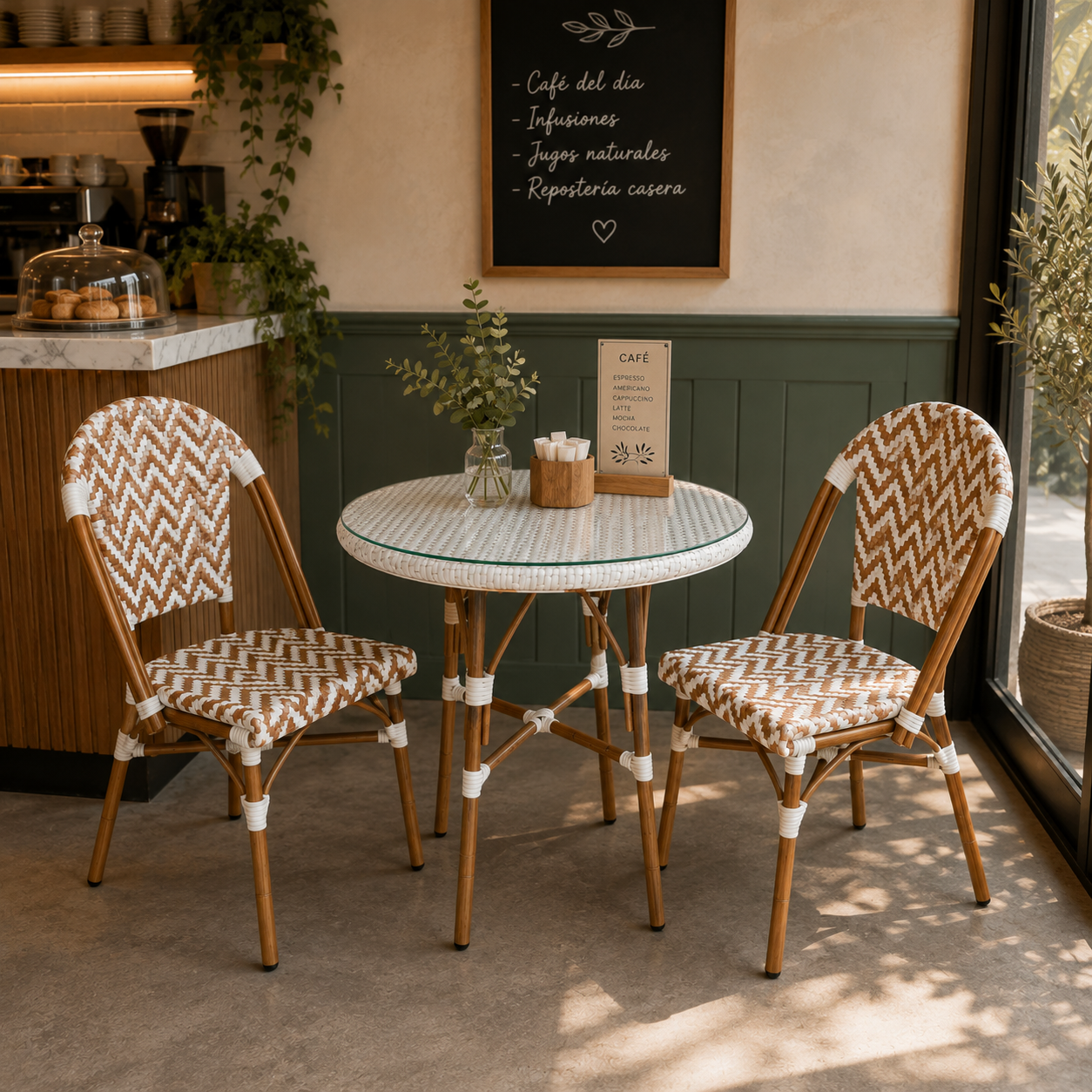 Comedor Parisino para Restaurante y Cafetería – Mesa Redonda 70 cm y 2 Sillas Beige