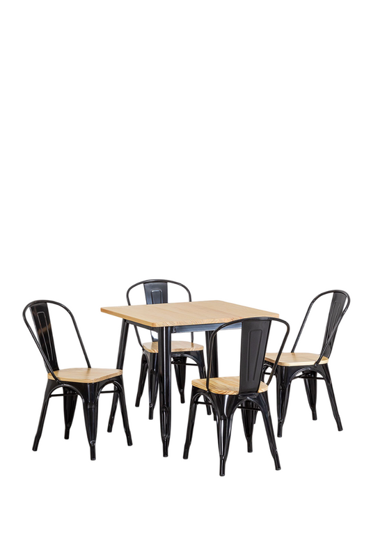 Comedor Tolix Mesa Cuadrada 70x70cm Y 4 Sillas Tolix Asiento Madera