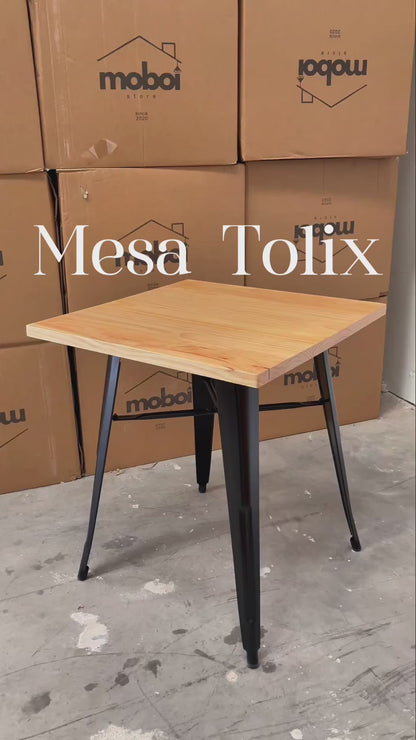 Comedor Tolix Mesa Cuadrada 70x70cm Y 4 Sillas Tolix Asiento Madera
