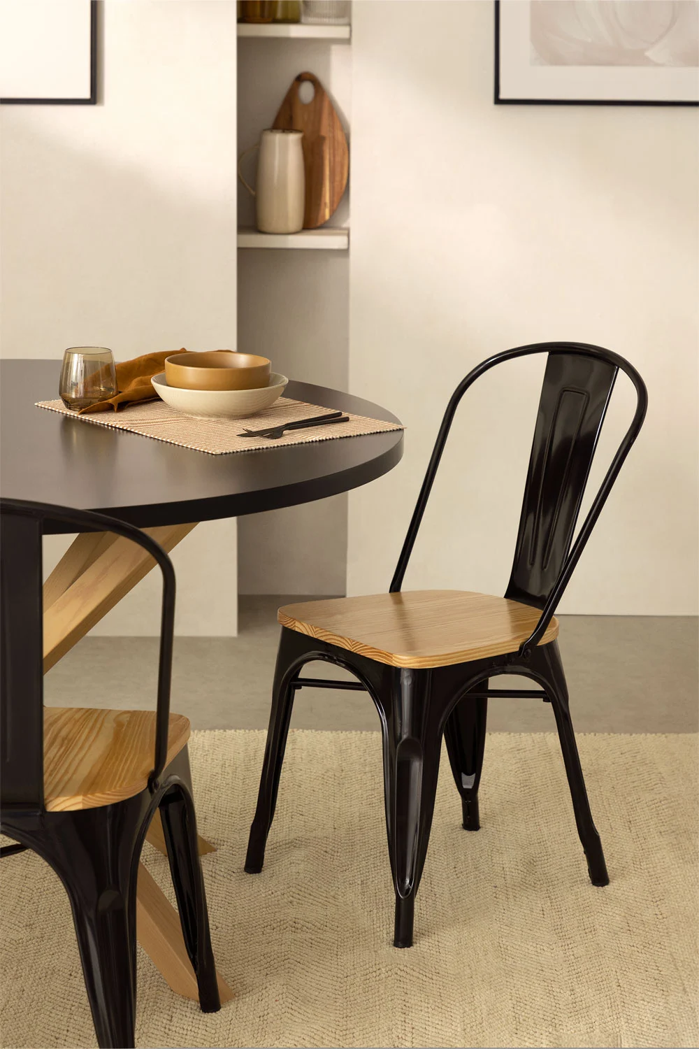 Silla Tolix con Asiento de Madera Negra