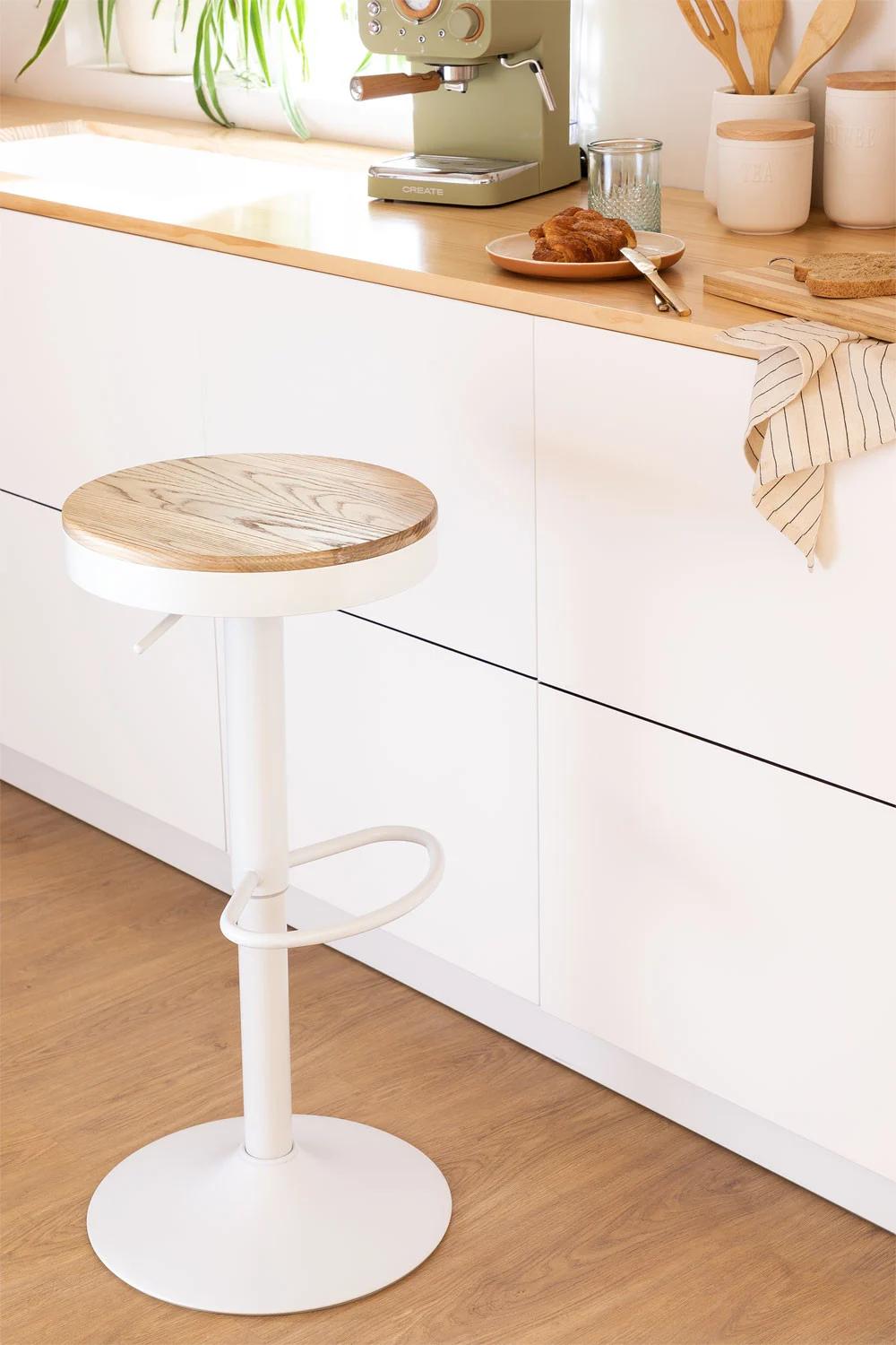 Taburete Regulable Piso Bar Asiento De Madera Blanco